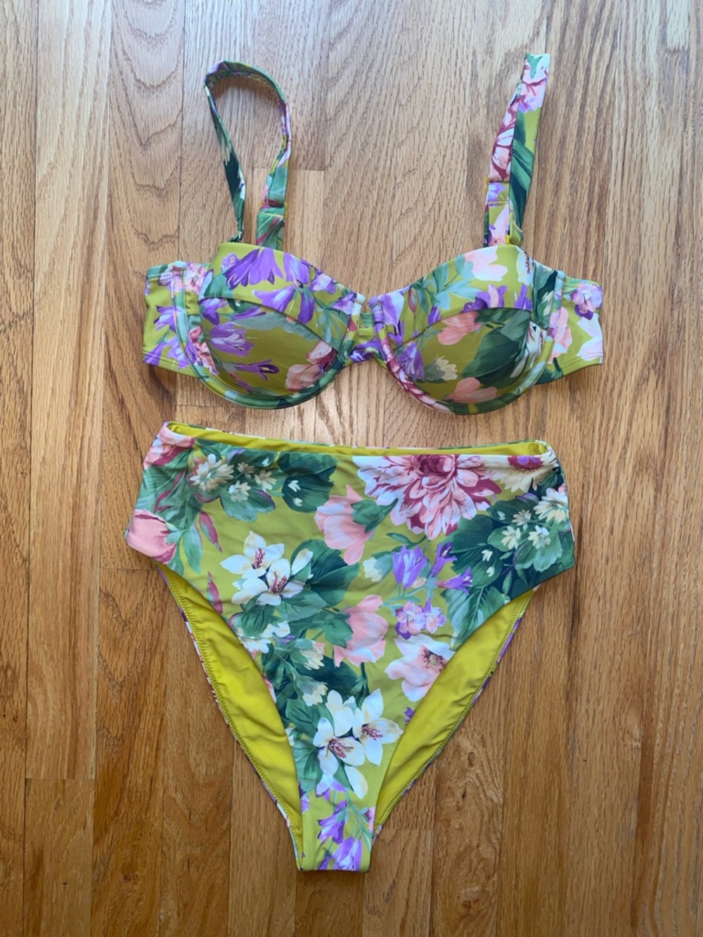 Express Floral High-Waist Bikini Set in Yellow and Green
